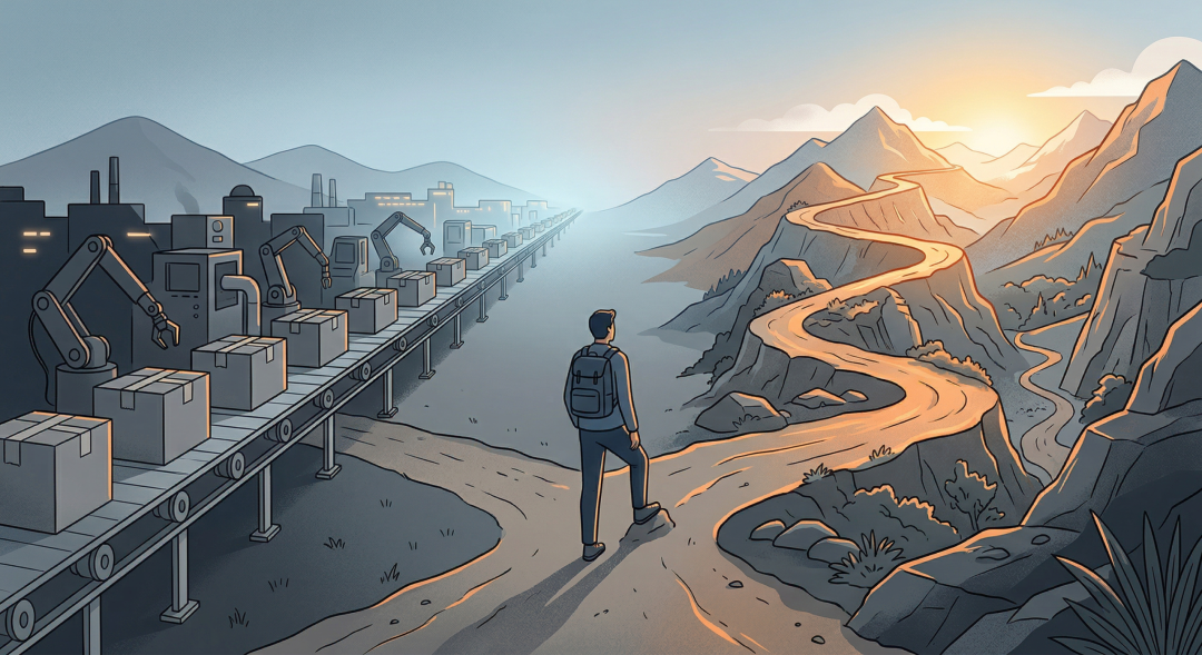 比喻工业自动化与个人道路选择的意境插画