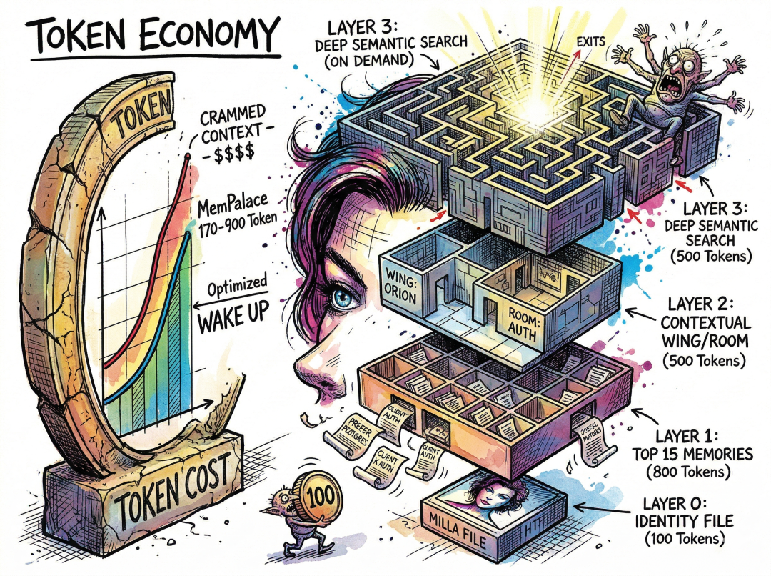 MemPalace 的分层记忆加载机制与代币成本信息图