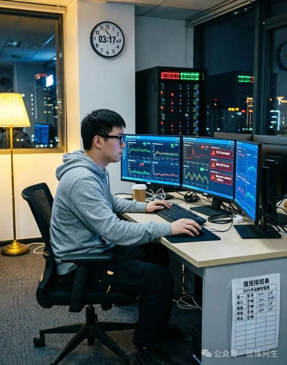 凌晨值班的运维工程师面对多屏监控告警