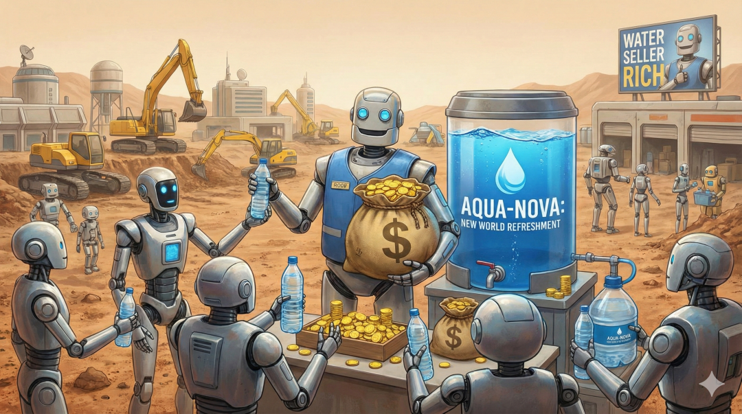 机器人在未来沙漠中售卖水的概念图