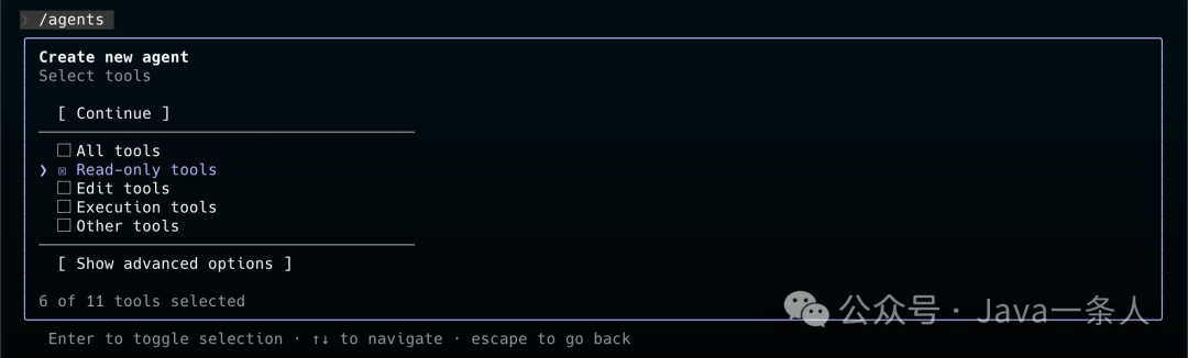 Select tools 界面，当前选中 “Read-only tools”，共 6 of 11 tools selected