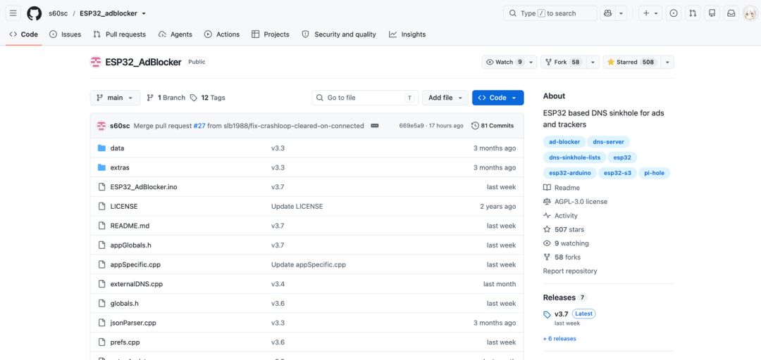 ESP32_adblocker GitHub 仓库页面