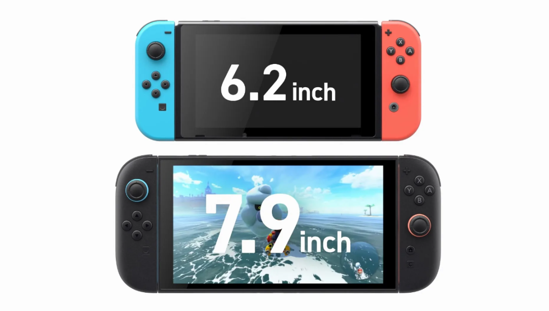 两代Switch外观对比,左侧为标准版6.2英寸屏幕,右侧为OLED版7.9英寸屏幕