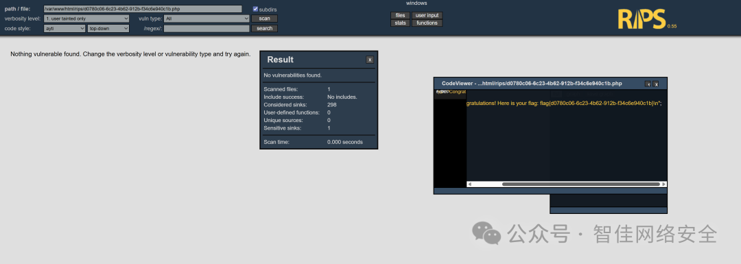 RIPS CodeViewer 界面：显示 PHP 文件内容及 congratulatory flag 提示