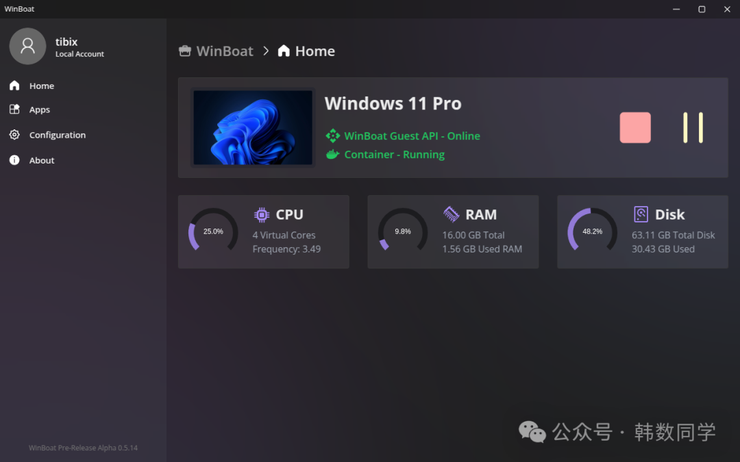 WinBoat主界面显示Windows 11 Pro运行状态