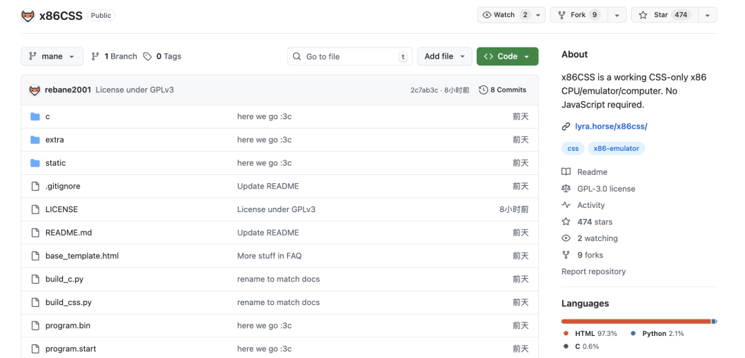 GitHub仓库 x86CSS 页面截图，显示项目描述和文件结构