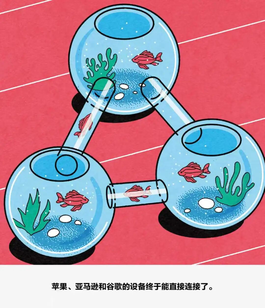 通过管道连接在一起的三个鱼缸,象征设备间的互连互通