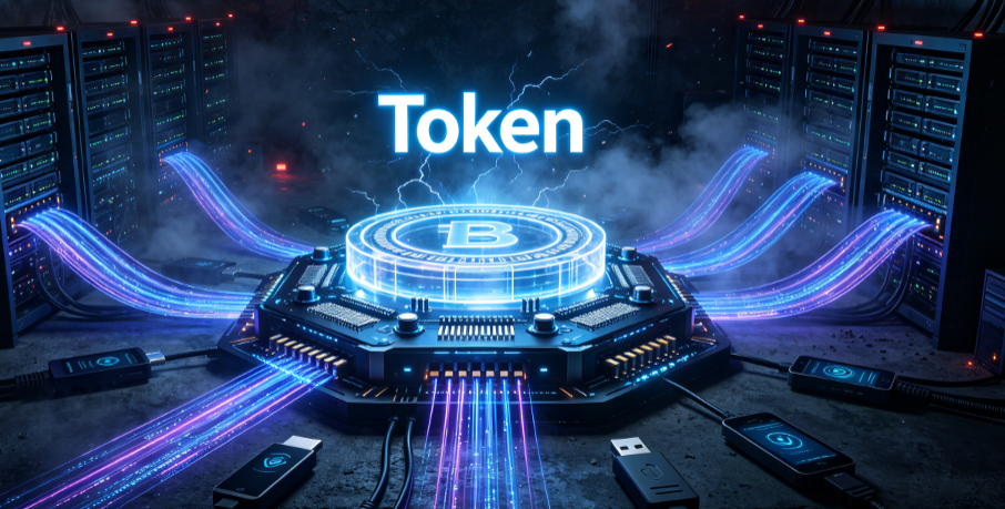 Token数字资产主题插画:发光比特币芯片周围环绕数据流