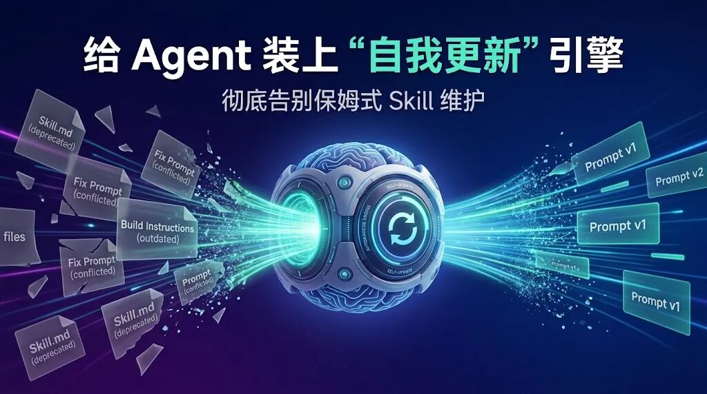 AutoHarness 自我更新引擎封面图,展示 Agent 自动更新与旧 Skill 淘汰机制