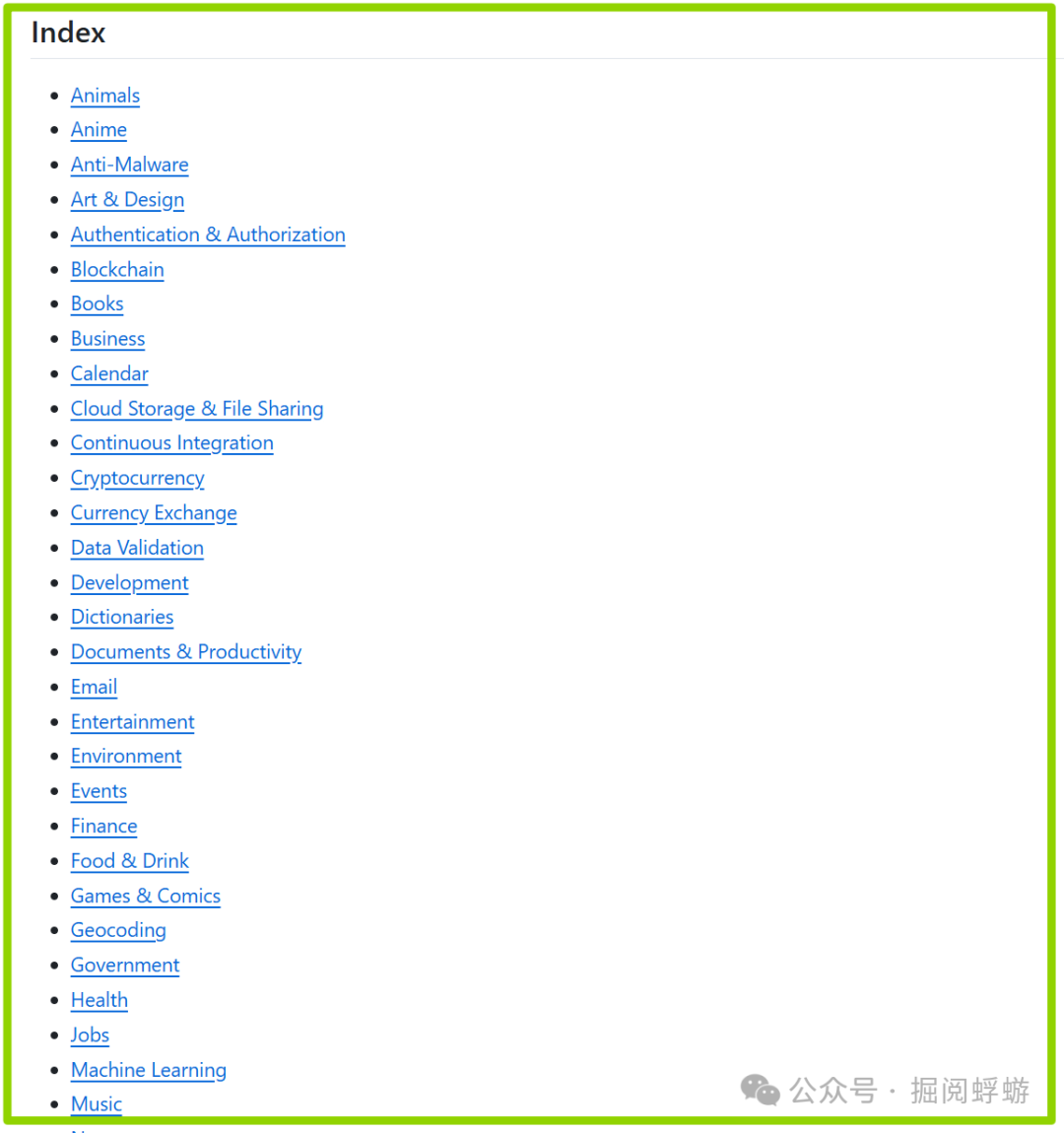 public-apis 项目分类索引目录