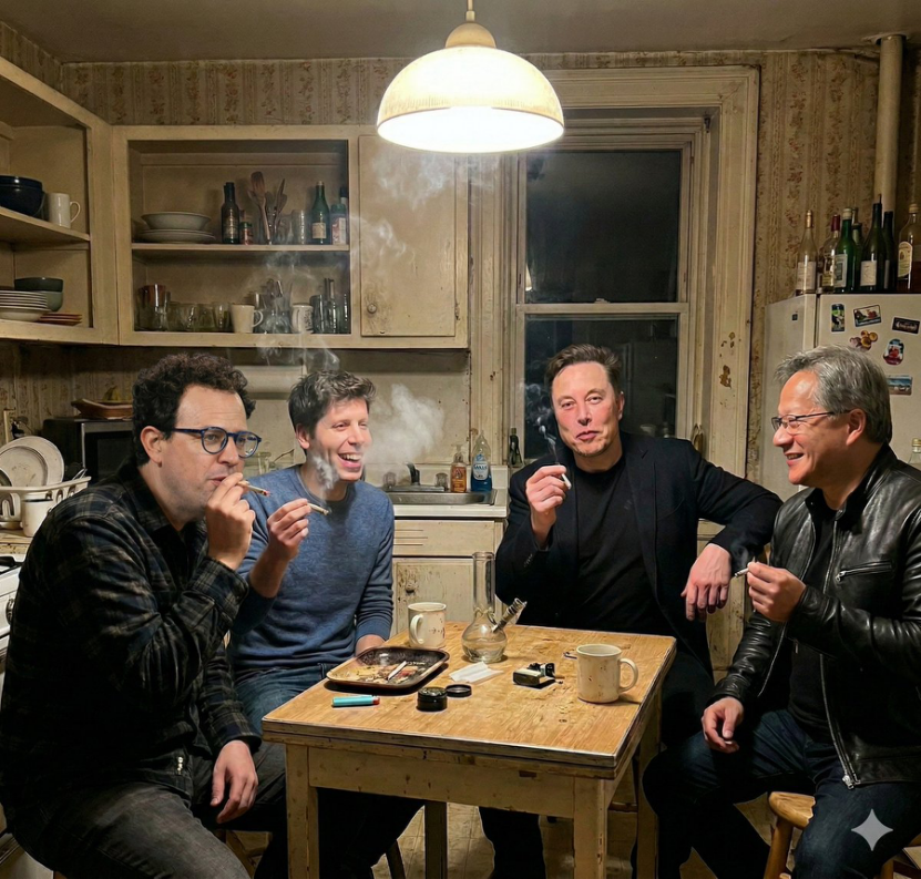 网友生成的马斯克、奥特曼、阿莫迪三人坐在一起的梗图