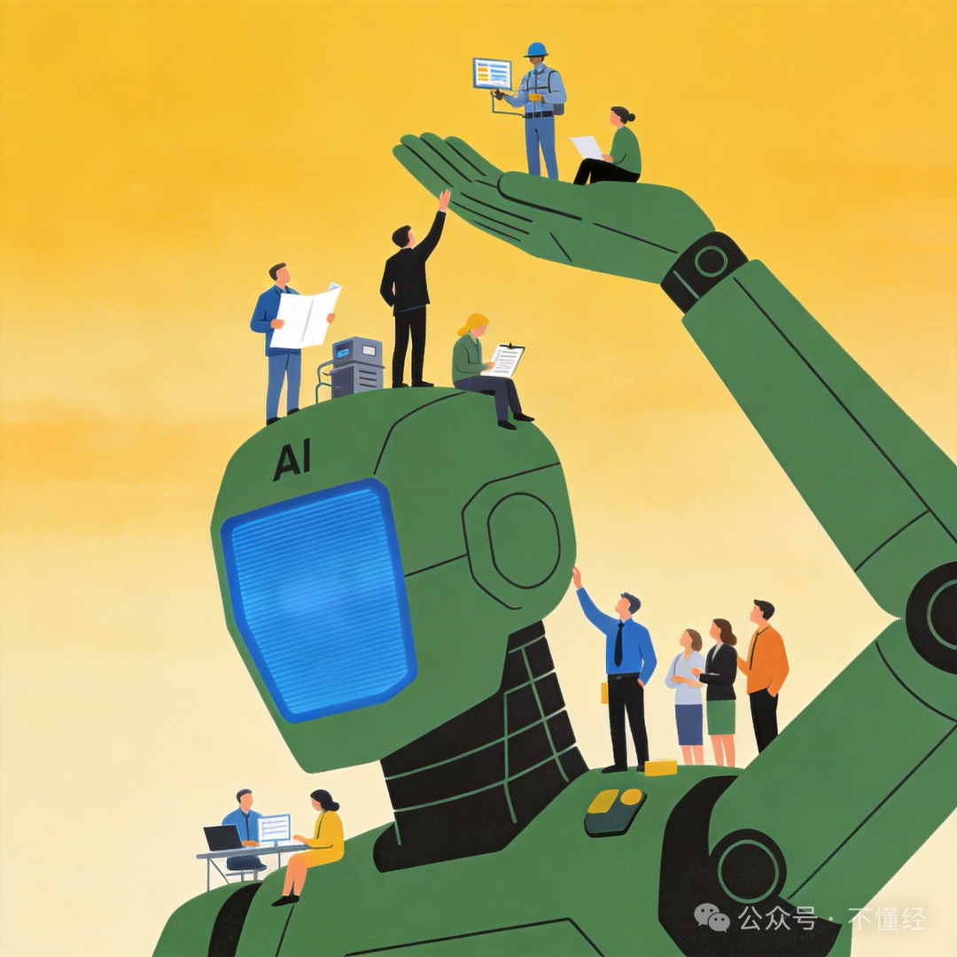 一幅描绘人类与AI协作的现代插画