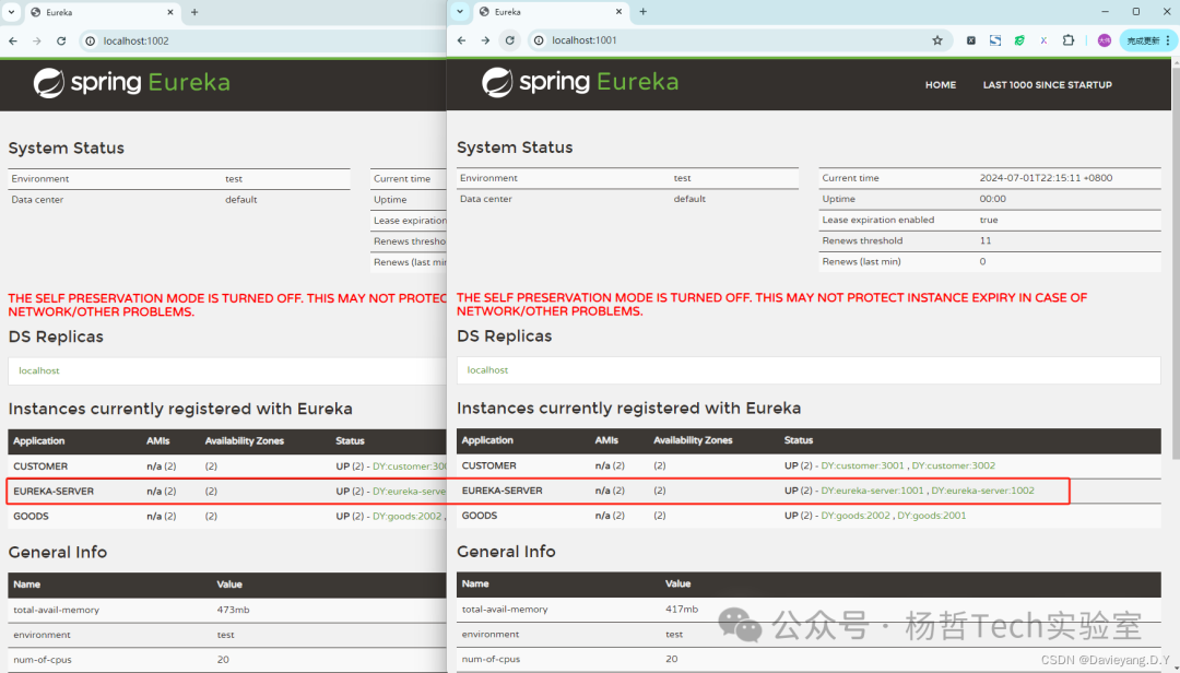 两个Eureka Server节点互相注册后的高可用集群状态页面