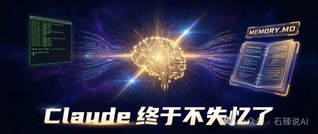 Claude Code Auto Memory 功能宣传图:发光的电路板风格大脑与MEMORY.MD
