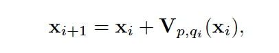 漂移场更新公式：X_{i+1} = X_i + V_{p,q_i}(X_i)
