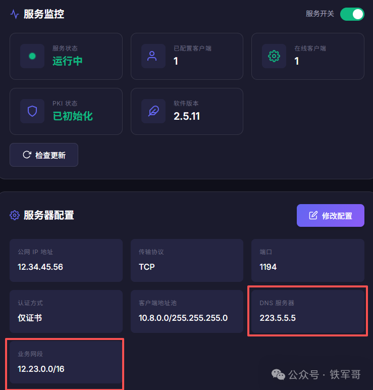 OpenVPN服务监控与配置总览界面