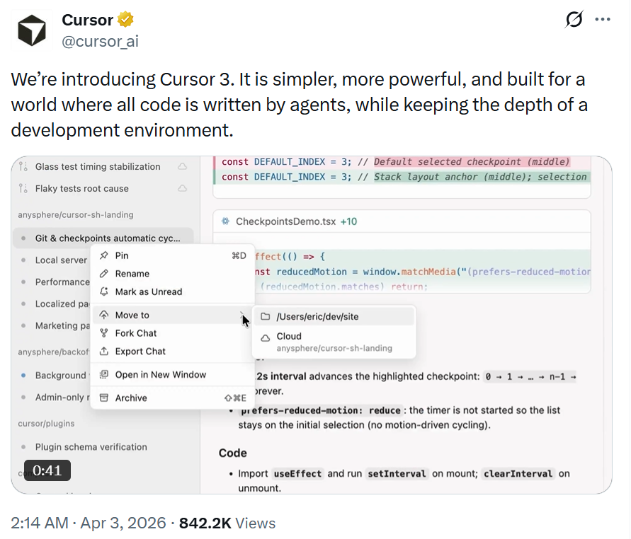 Cursor官方推文截图