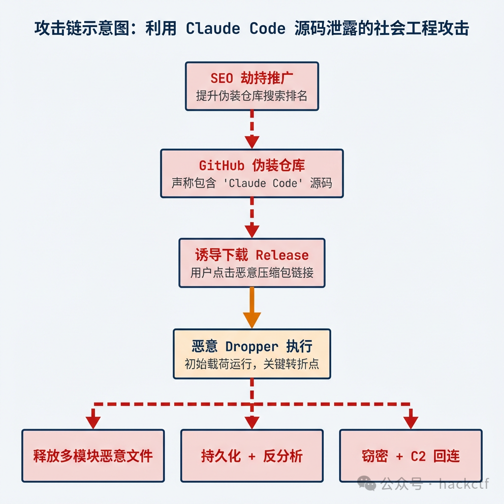 利用Claude Code源码泄露的社会工程攻击链示意图