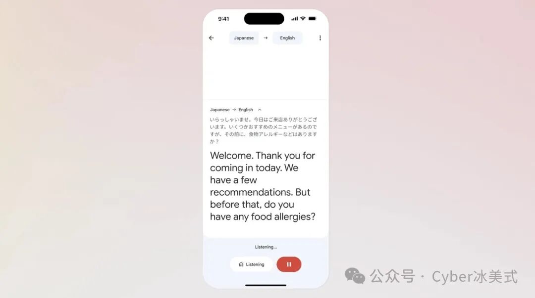 Google 翻译 App 实时对话翻译界面