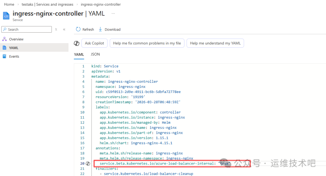 一张展示 Kubernetes Ingress NGINX 控制器 YAML 配置文件的网页截图，界面为 Azure Kubernetes Service（AKS）服务页面，当前选中 Yaml 标签页，显示了 YAML 代码内容，其中第20行 'service.beta.kubernetes.io/azure-load-balancer-internal: ＂true＂' 被红色矩形框高亮标注