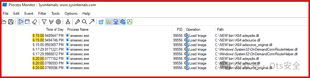 Process Monitor 监控 smsexec.exe 加载 DLL 日志截图