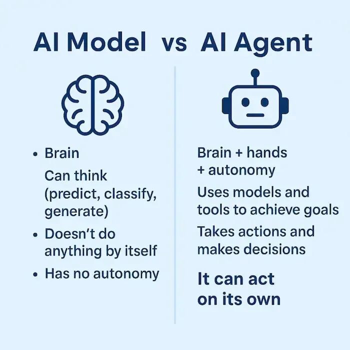 AI 模型与 AI 代理的核心区别示意图
