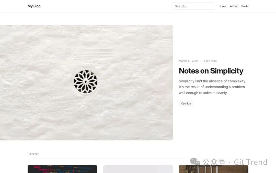 EmDash Blog 模板首页截图，展示其现代简洁的设计与完整的博客功能
