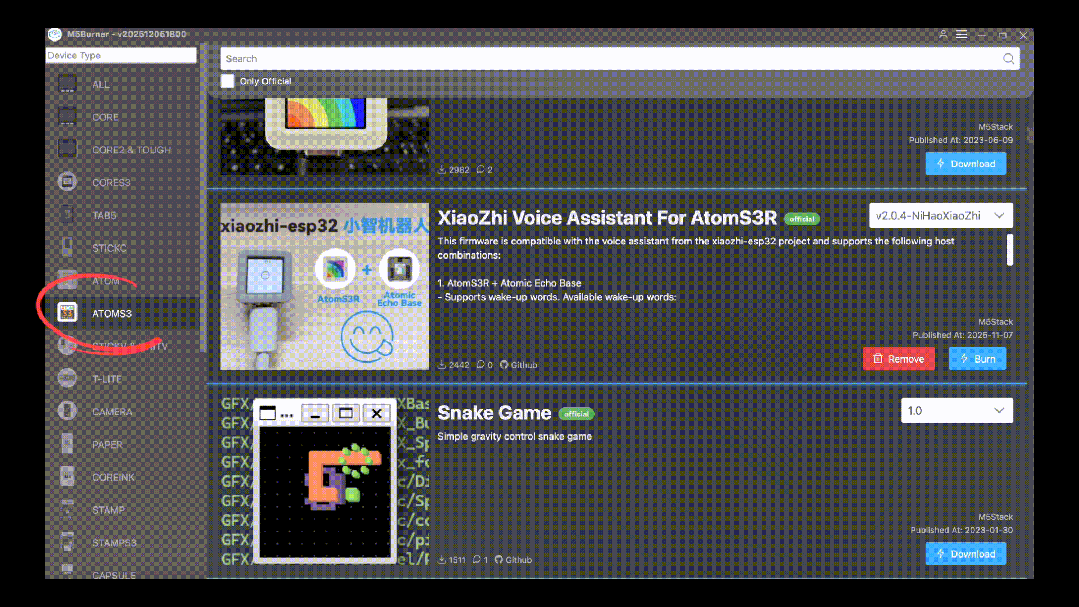 M5 Burner 工具选择设备与固件界面