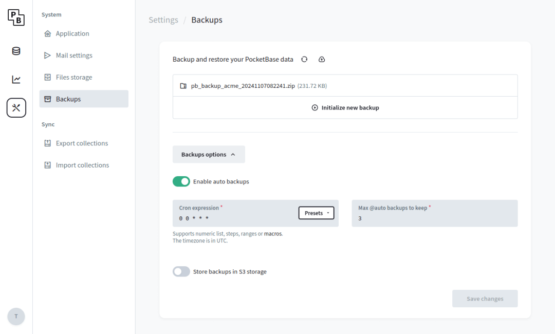 PocketBase 备份管理界面