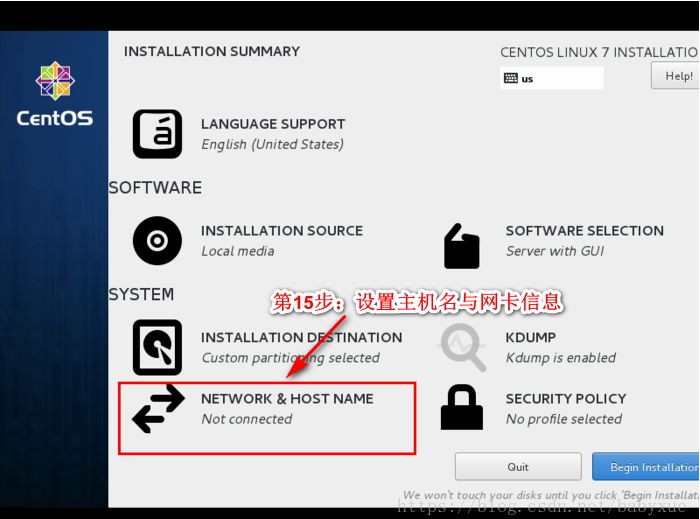 安装摘要界面，点击网络和主机名配置