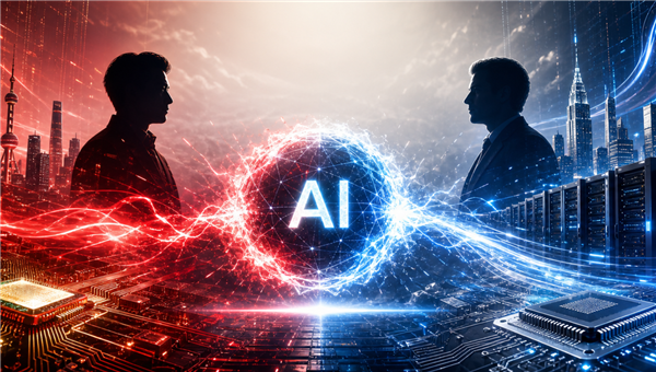 AI 概念图:红蓝两侧城市剪影与芯片对比,中央发光 AI 球体
