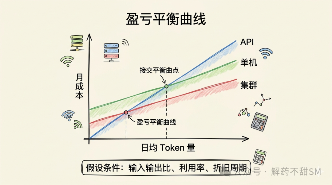 盈亏平衡曲线图，横轴为日均Token量、纵轴为月成本，包含API、单机、集群三条趋势线及其交汇点