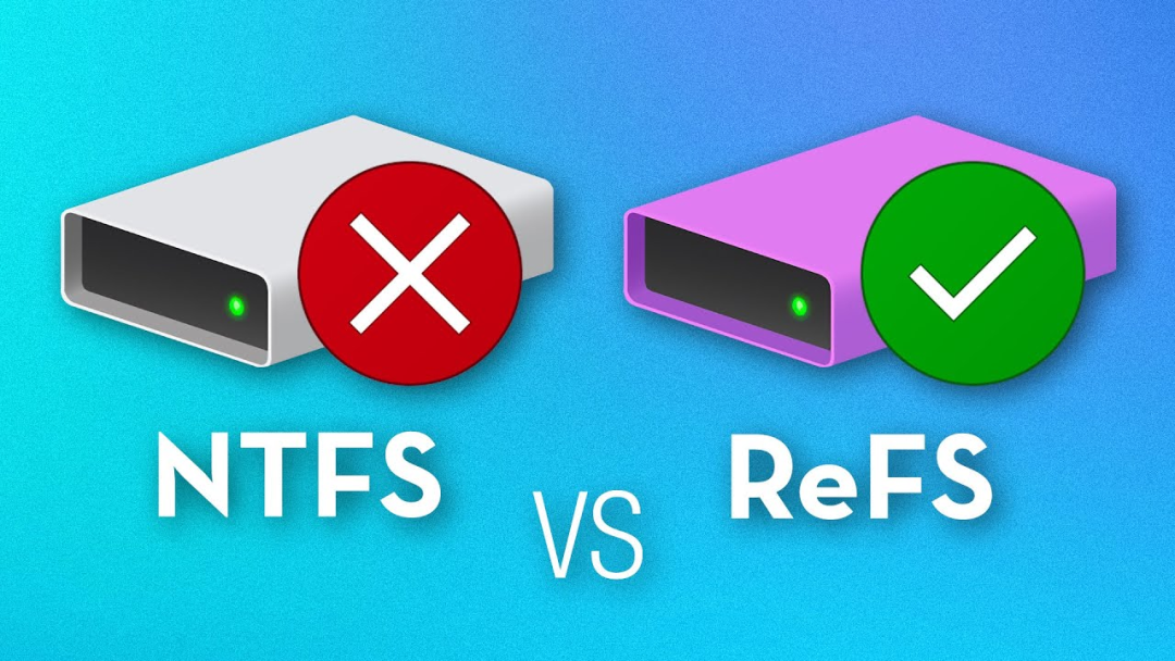 NTFS与ReFS对比图标,红色叉号和绿色对勾
