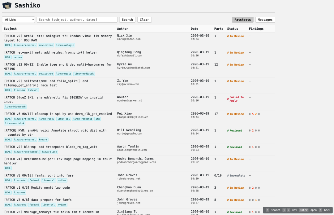 Sashiko Web界面展示的Linux内核补丁审查列表