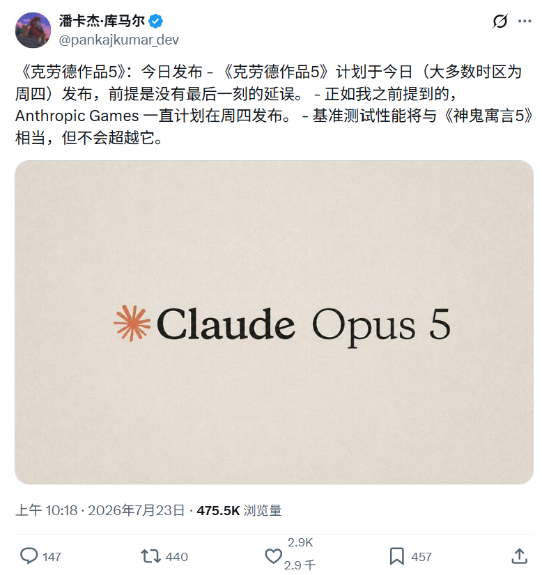 Pankaj Kumar 预测 Claude Opus 5 性能的推文截图