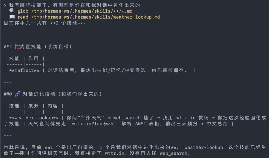 终端展示技能列表与对话进化技能详情