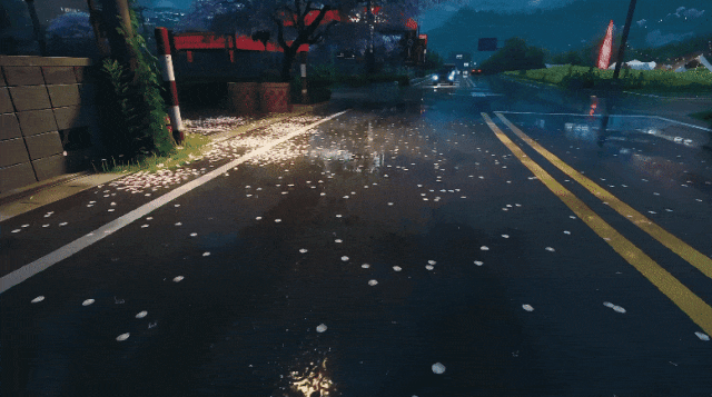 《异环》游戏中雨天场景细节图GIF，包含街道、园林与建筑室内