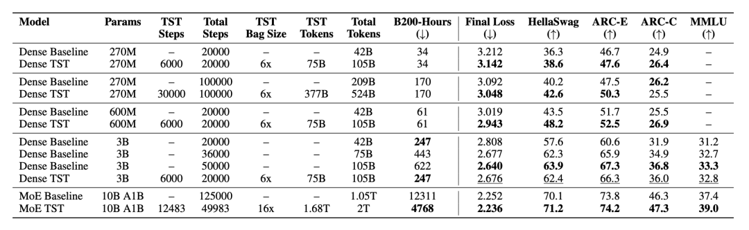 TST 在各模型规模下的性能对比表,含 loss 与下游任务指标