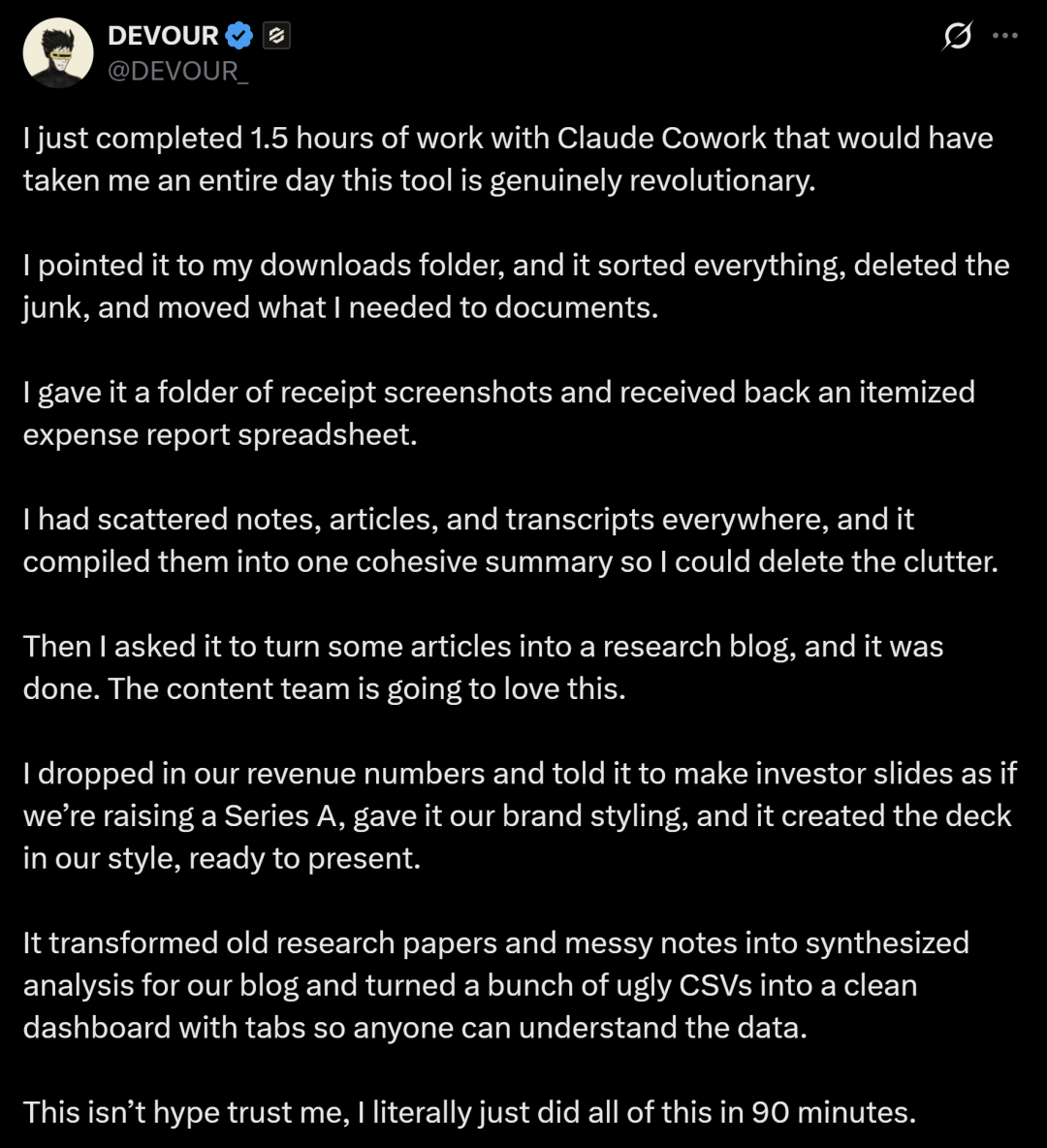 用户DEVOUR实测Claude Cowork的推文截图1