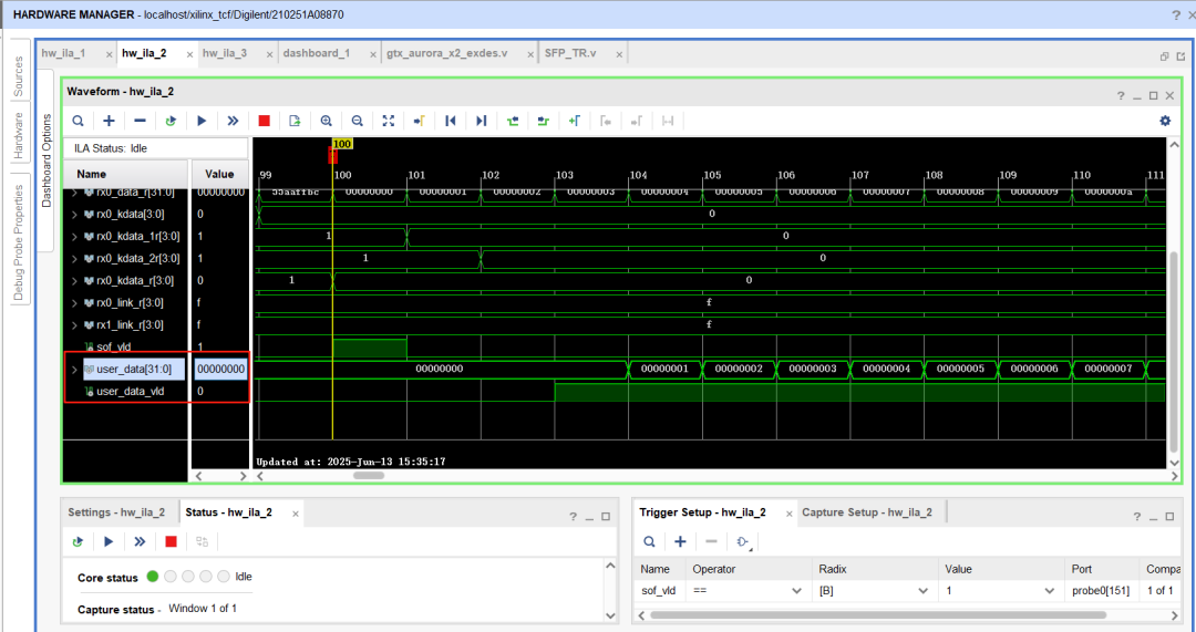 ILA捕获RX链路波形：vld有效时，rxo_kdata捕获到连续递增数据，与TX发送一致