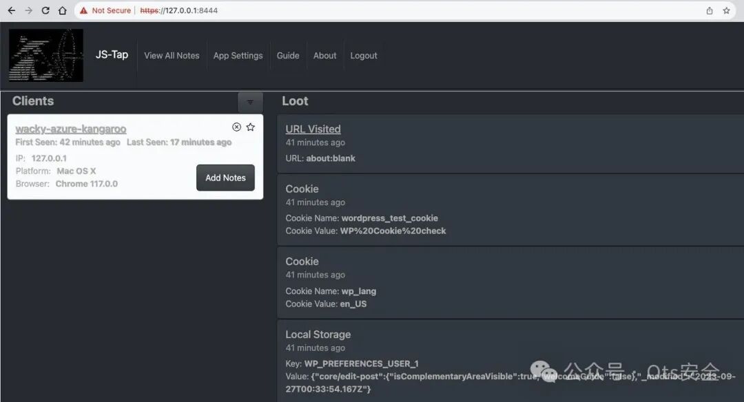 JS-Tap门户的Loot区域,展示了从客户端收集到的URL访问、Cookie和LocalStorage等事件数据。