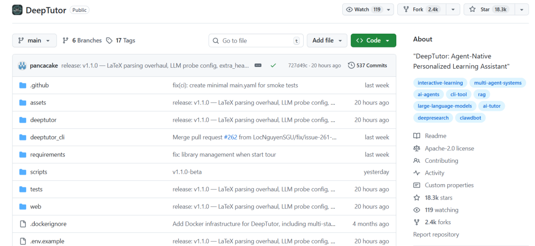 DeepTutor GitHub仓库主页截图