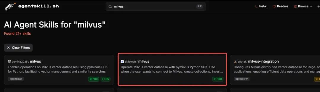 Agentskill.sh 网站搜索 Milvus 相关技能结果