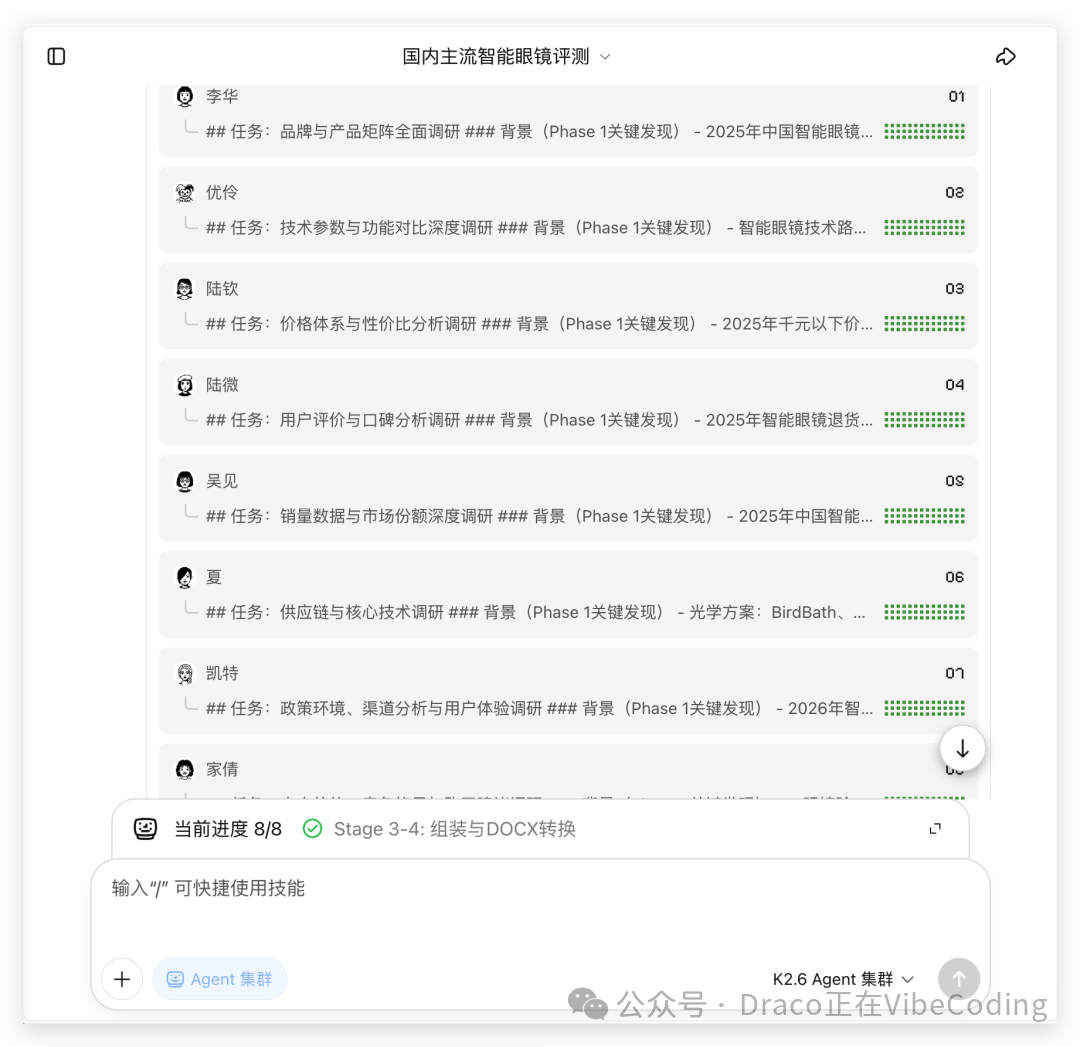 智能眼镜项目调研任务分配界面，展示8个Agent负责的国内主流智能眼镜评测任务