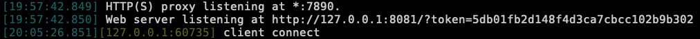 mitmproxy 启动日志，显示代理监听在端口 7890 和 Web 界面在 127.0.0.1:8081