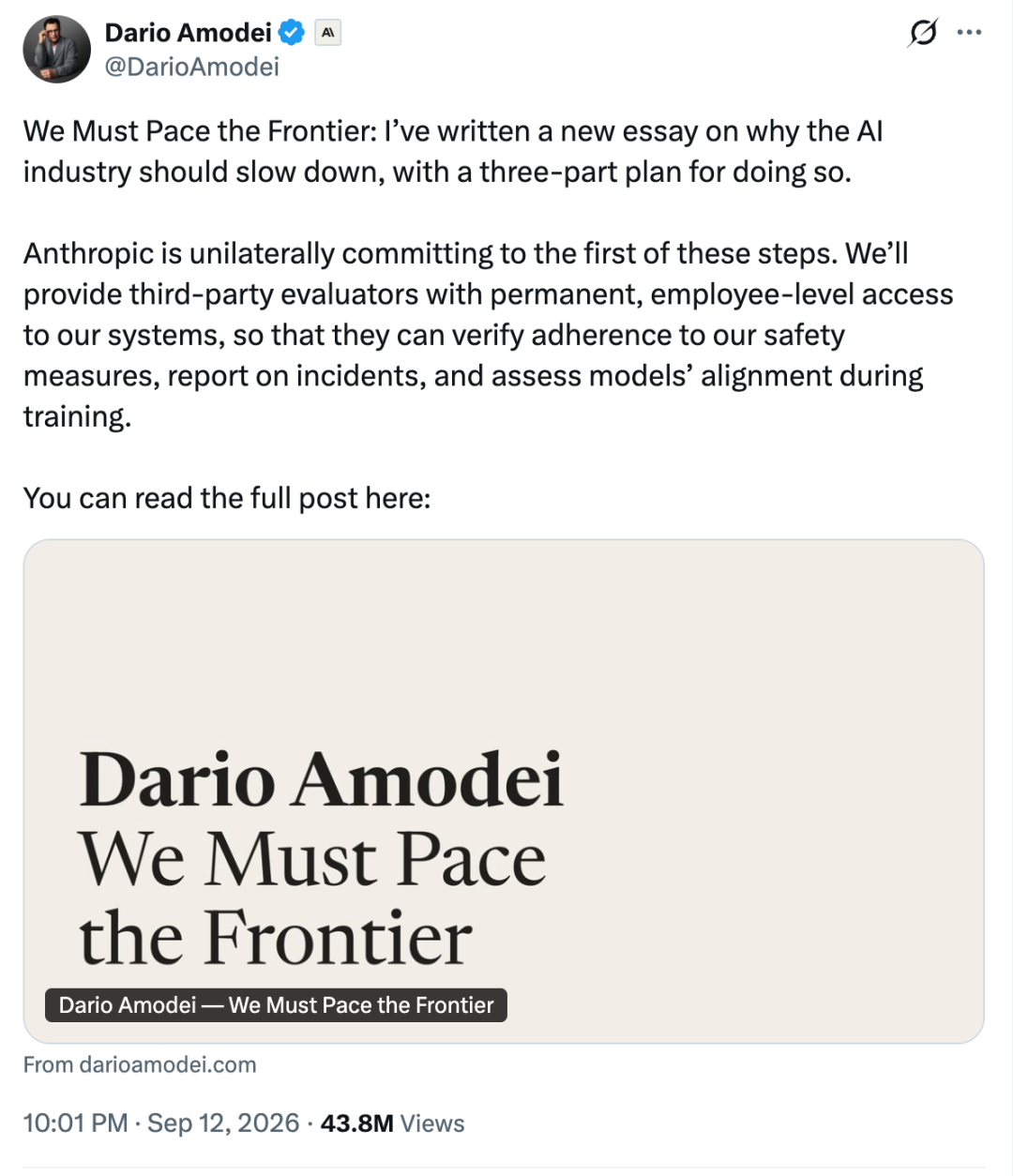 Dario Amodei 发文呼吁放缓前沿 AI 研究推文截图