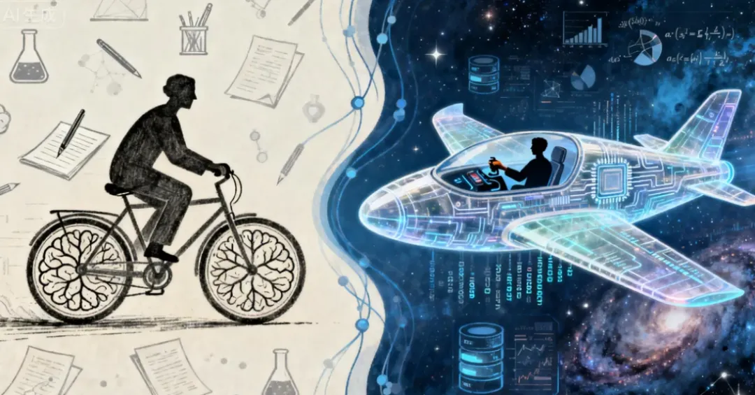 一幅描绘从传统科研到AI驱动未来跨越的插画