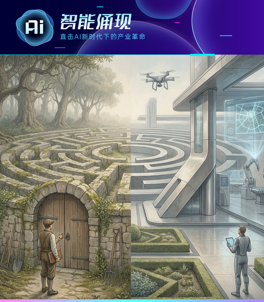 融合古典迷宫与未来科技的场景，寓意AI时代的探索与变革