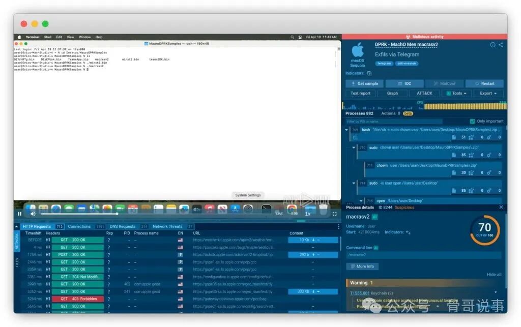 ANY.RUN仪表盘界面，显示了进程树、HTTP请求及Exfils via Telegram等恶意行为