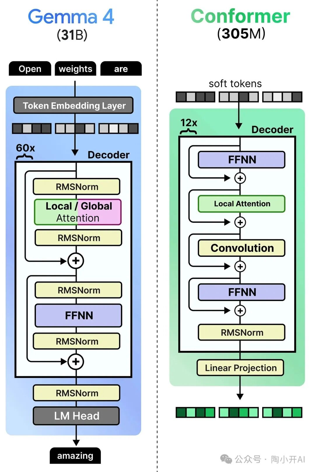 Gemma 4 31B与Conformer音频编码器架构对比图
